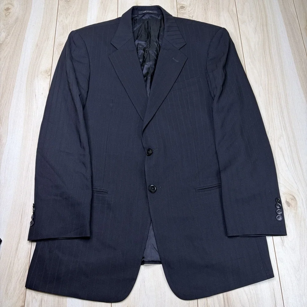 Armani Collezioni Black Striped Wool Suit Mens Size 42L Slim 37x33 Made In Italy
